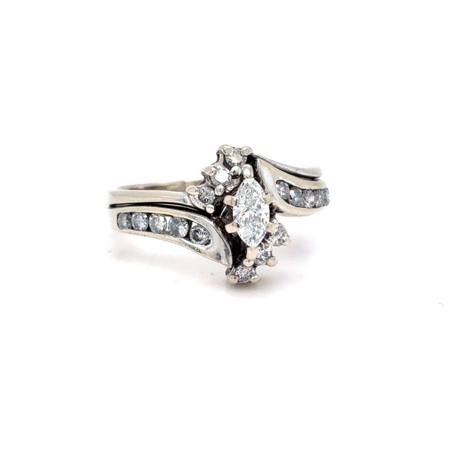 14K White Gold Natural Diamond Marquise Cluster Bridal Ring Set | Marquise & Round 0.46 TCW, G-I SI2-I1, Size 5.5
