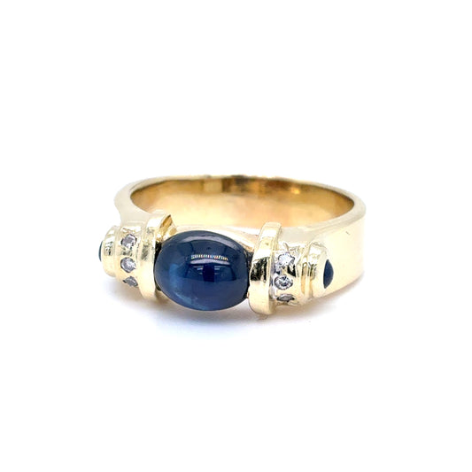 14K Yellow Gold Lab Sapphire & Diamond Fashion Ring | Oval Cabochon 1.97 TCW, I SI2, Size 8