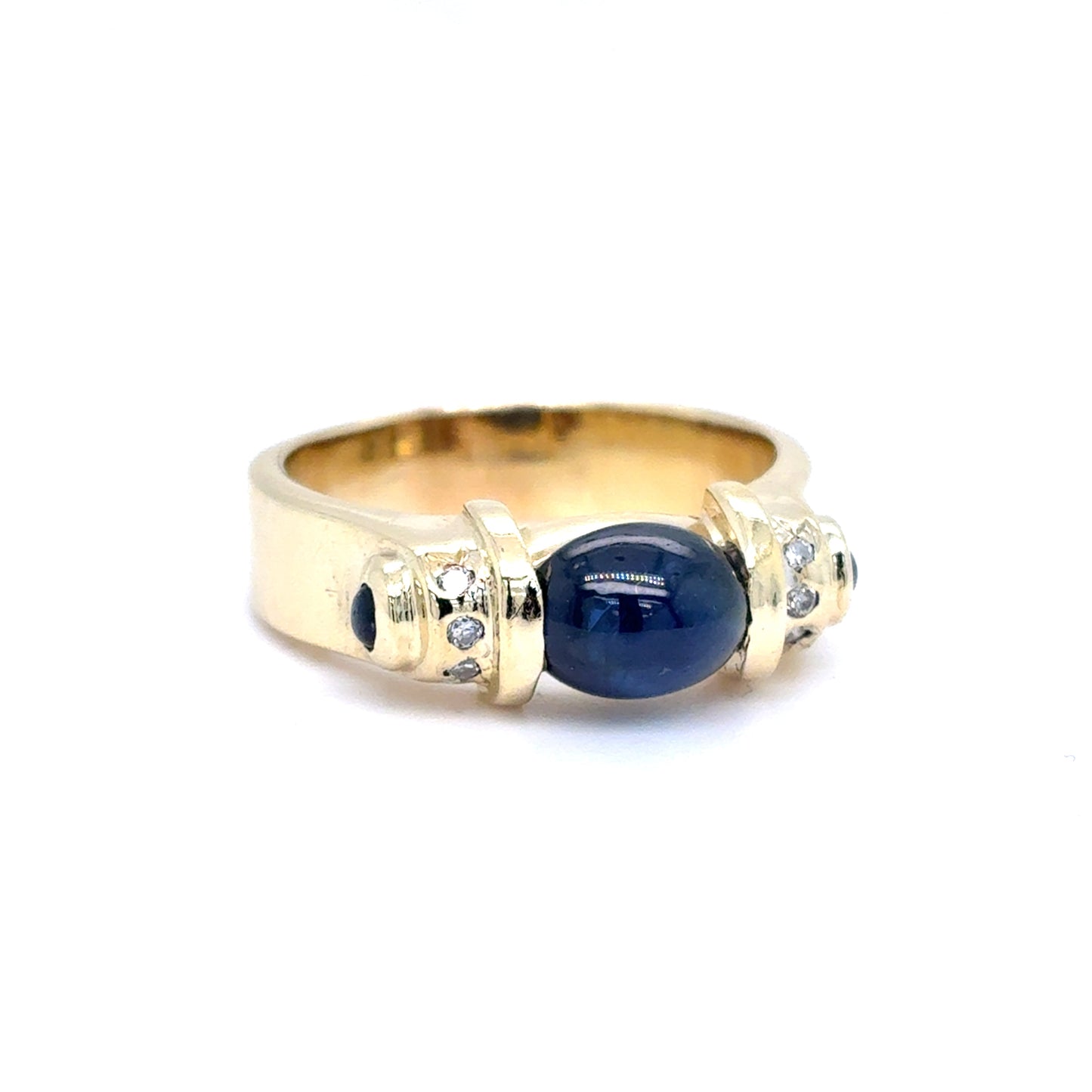 14K Yellow Gold Lab Sapphire & Diamond Fashion Ring | Oval Cabochon 1.97 TCW, I SI2, Size 8