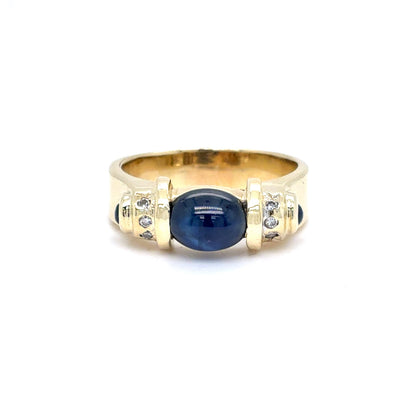 14K Yellow Gold Lab Sapphire & Diamond Fashion Ring | Oval Cabochon 1.97 TCW, I SI2, Size 8