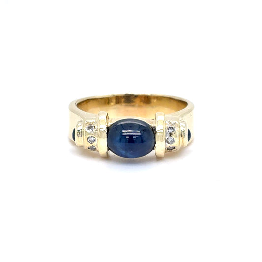 14K Yellow Gold Lab Sapphire & Diamond Fashion Ring | Oval Cabochon 1.97 TCW, I SI2, Size 8