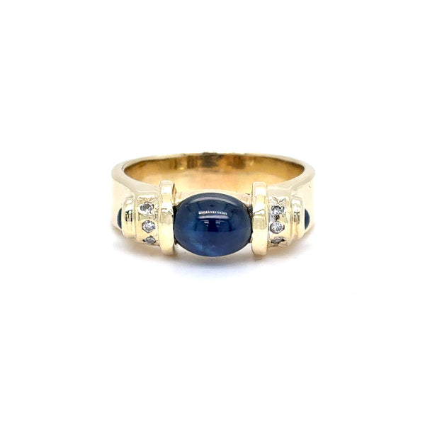 14K Yellow Gold Lab Sapphire & Diamond Fashion Ring | Oval Cabochon 1.97 TCW, I SI2, Size 8