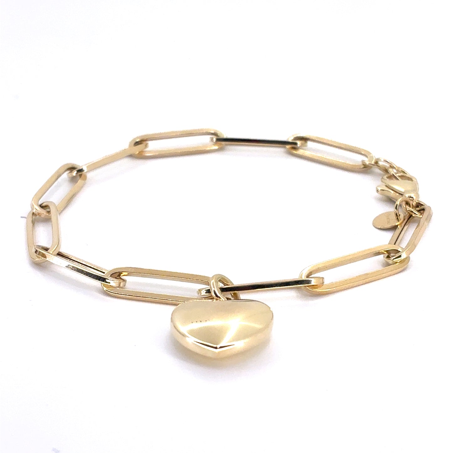 14K Yellow Gold Hollow Paperclip Bracelet with Heart | 7.25-7.5 Inches, 5MM, 6.56 grams