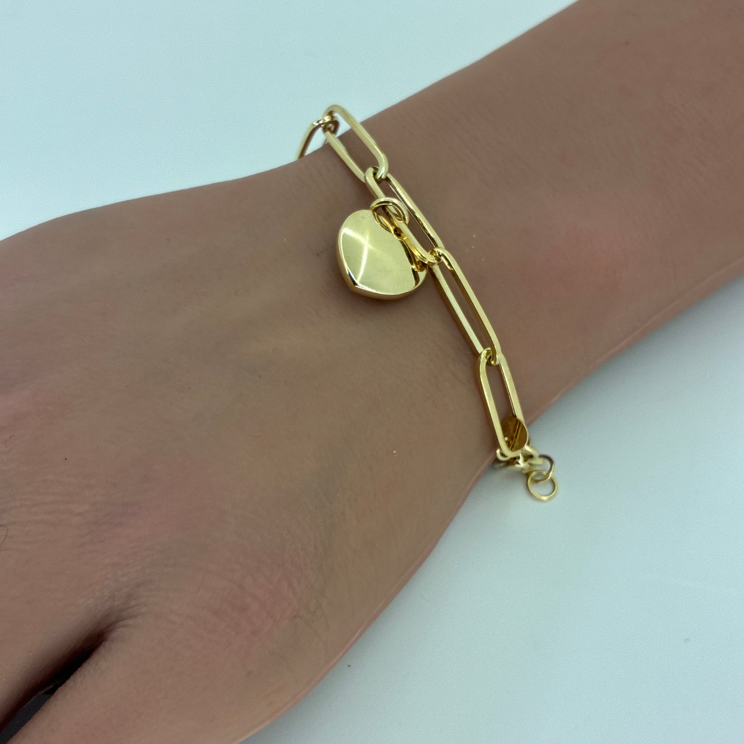 14K Yellow Gold Hollow Paperclip Bracelet with Heart | 7.25-7.5 Inches, 5MM, 6.56 grams