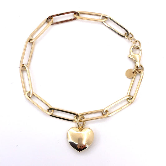 14K Yellow Gold Hollow Paperclip Bracelet with Heart | 7.25-7.5 Inches, 5MM, 6.56 grams