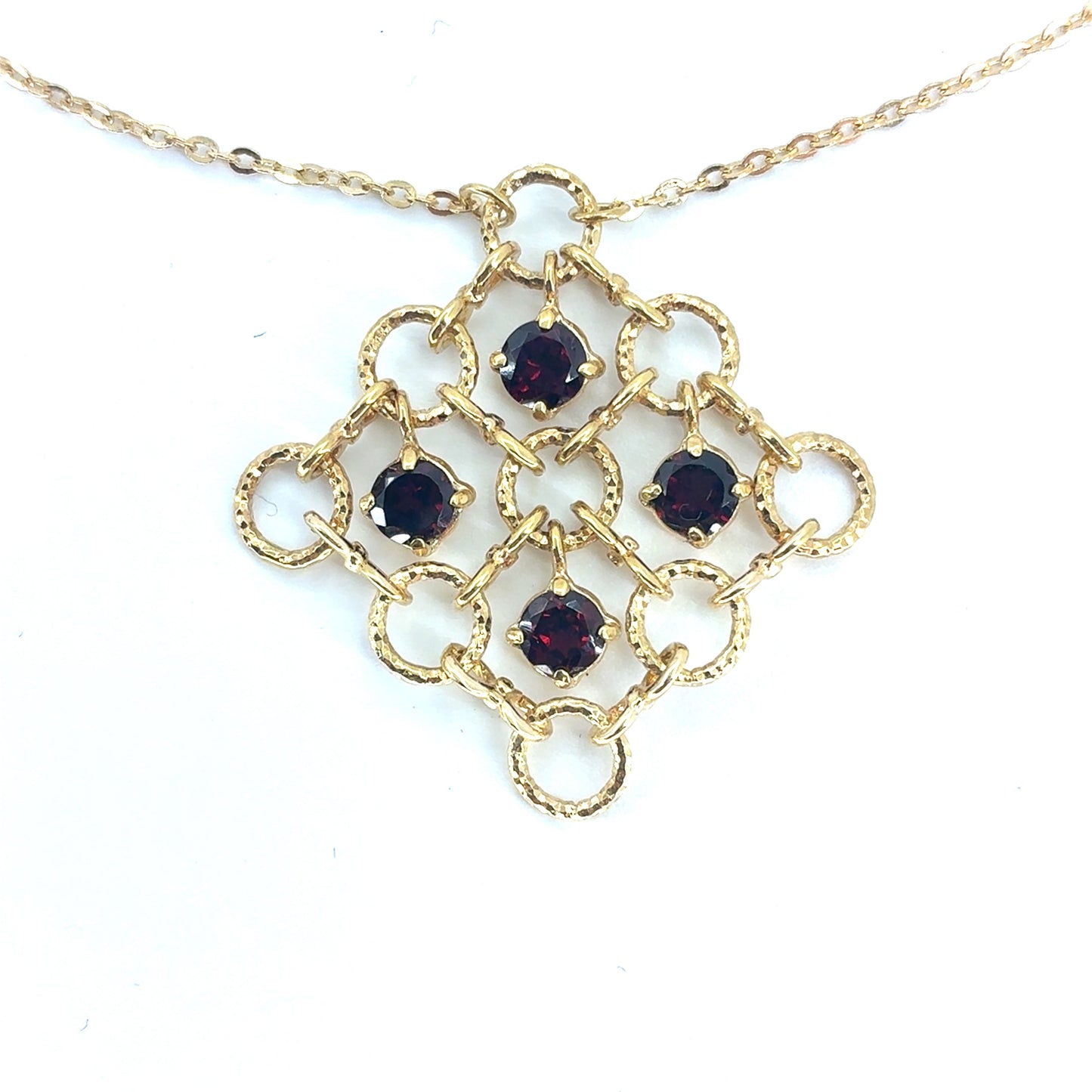 14K Yellow Gold 16" Rolo Necklace with Multiple circles Pendant & Synthetic Garnet | 16 Inches, 5.18 grams