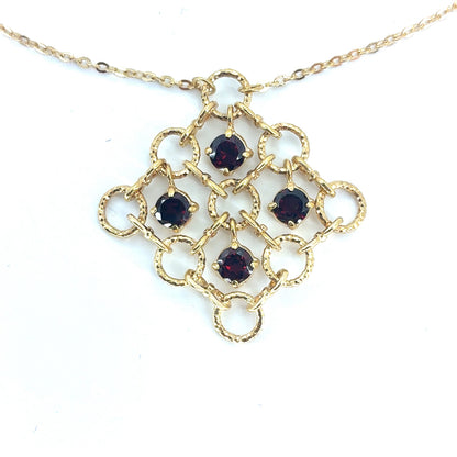 14K Yellow Gold 16" Rolo Necklace with Multiple circles Pendant & Synthetic Garnet | 16 Inches, 5.18 grams
