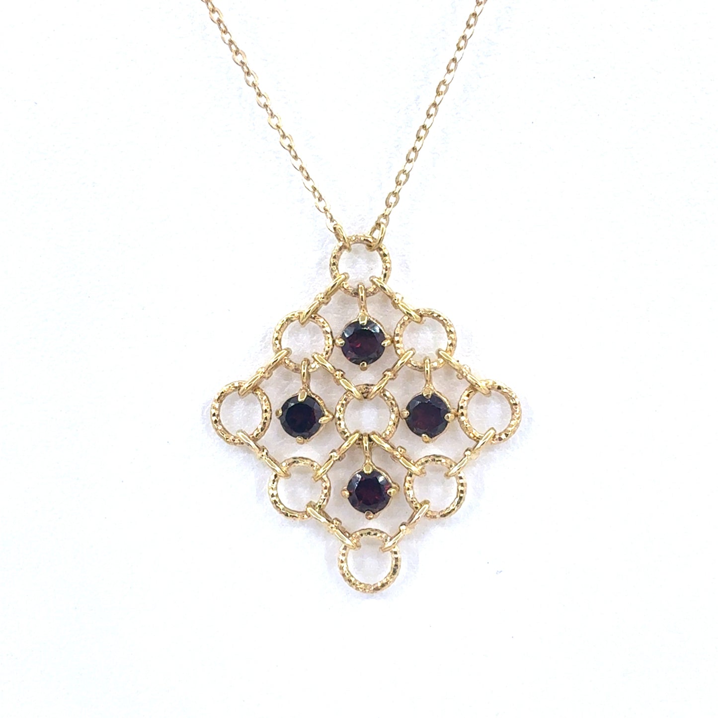 14K Yellow Gold 16" Rolo Necklace with Multiple circles Pendant & Synthetic Garnet | 16 Inches, 5.18 grams