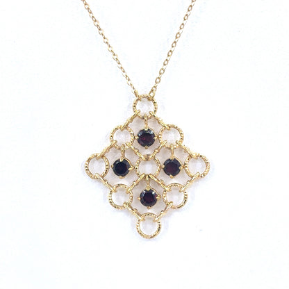14K Yellow Gold 16" Rolo Necklace with Multiple circles Pendant & Synthetic Garnet | 16 Inches, 5.18 grams