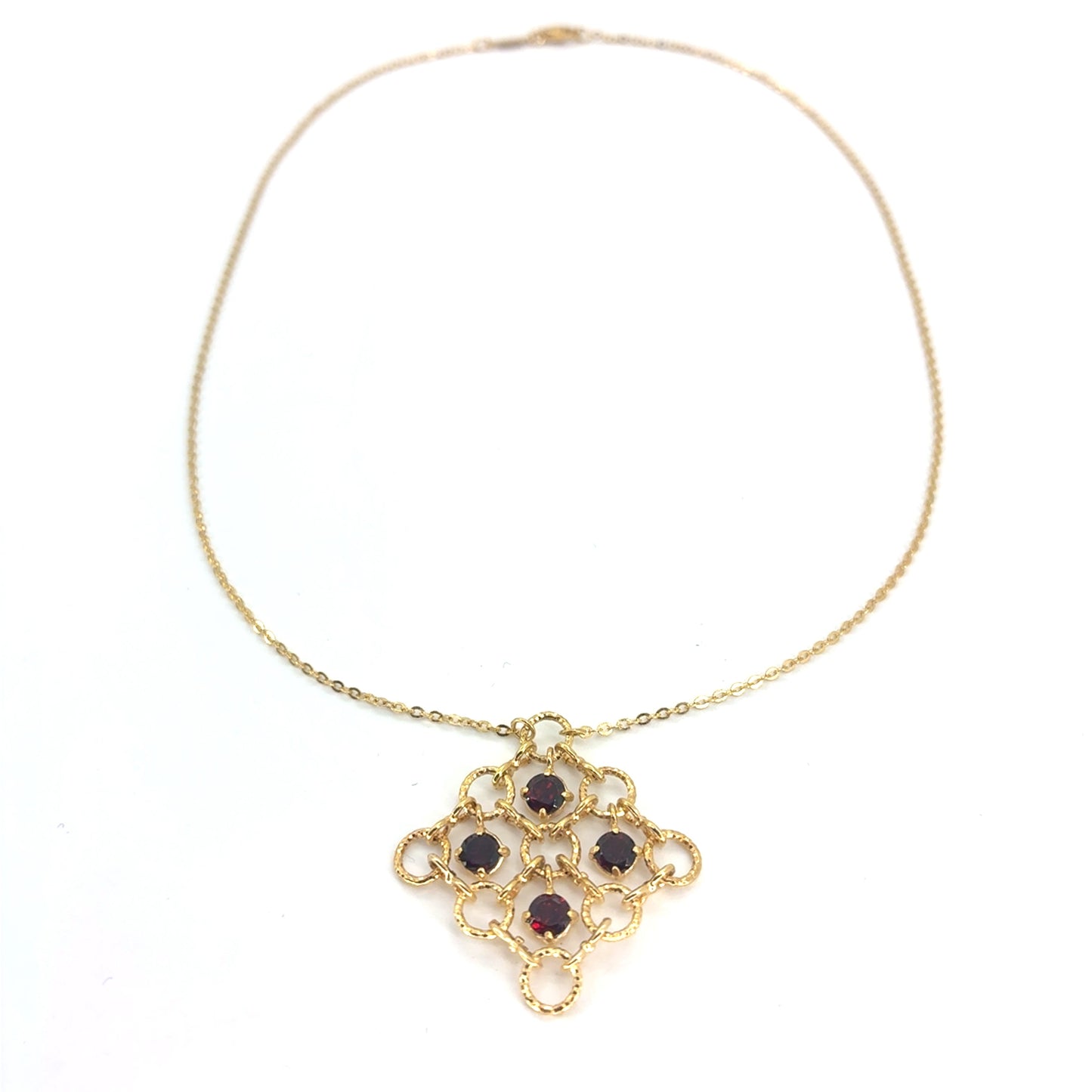 14K Yellow Gold 16" Rolo Necklace with Multiple circles Pendant & Synthetic Garnet | 16 Inches, 5.18 grams