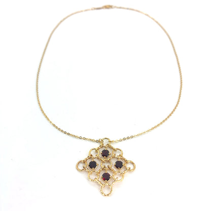 14K Yellow Gold 16" Rolo Necklace with Multiple circles Pendant & Synthetic Garnet | 16 Inches, 5.18 grams