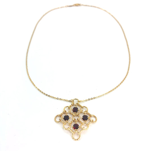 14K Yellow Gold 16" Rolo Necklace with Multiple circles Pendant & Synthetic Garnet | 16 Inches, 5.18 grams