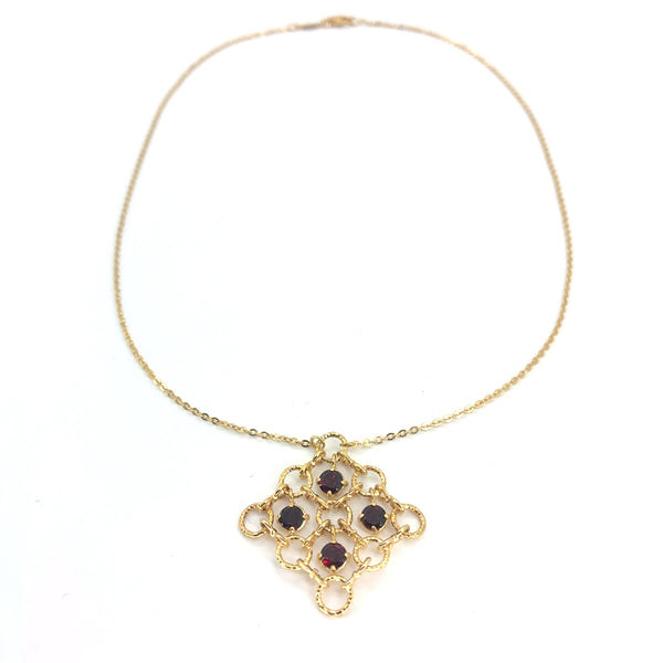 14K Yellow Gold 16" Rolo Necklace with Multiple circles Pendant & Synthetic Garnet | 16 Inches, 5.18 grams