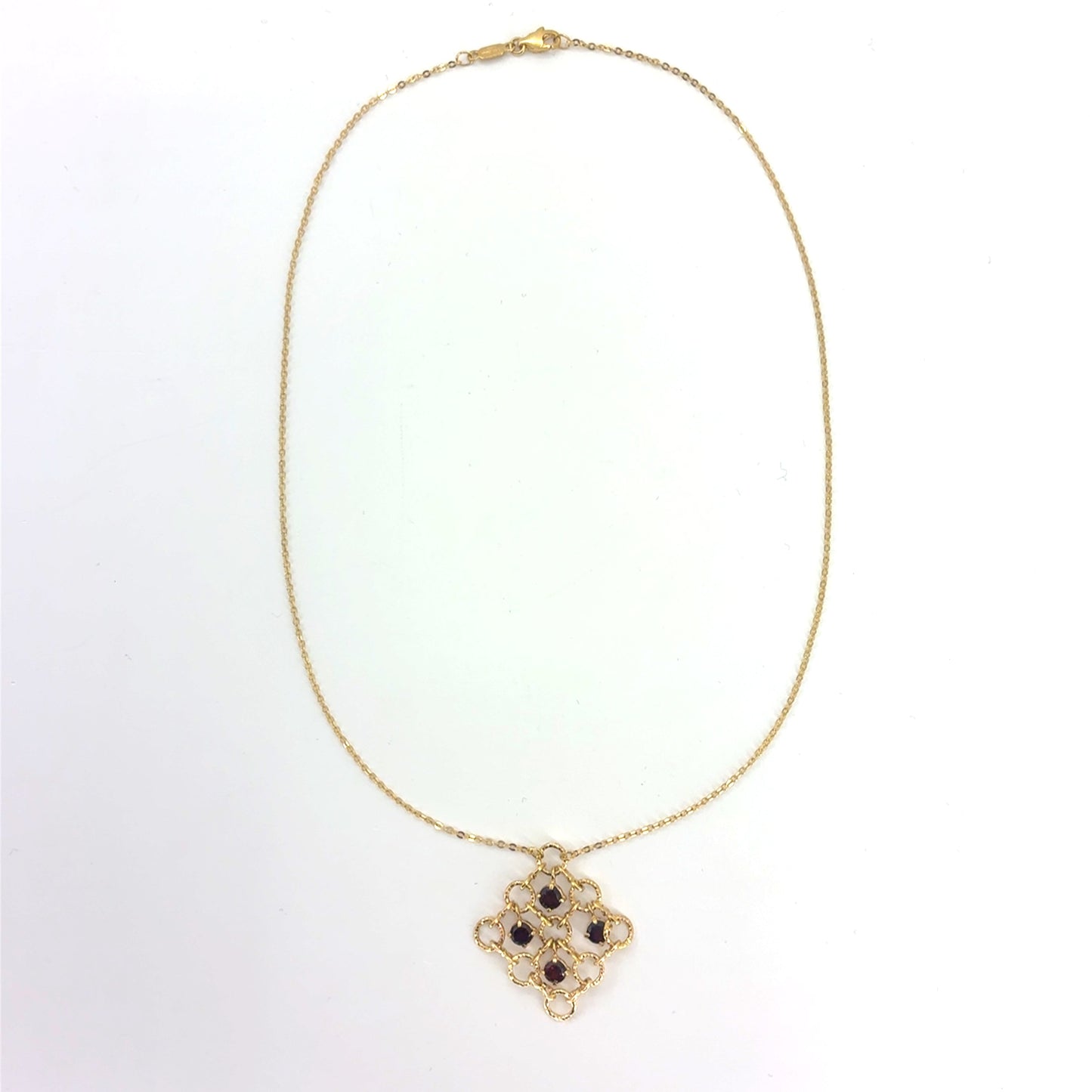 14K Yellow Gold 16" Rolo Necklace with Multiple circles Pendant & Synthetic Garnet | 16 Inches, 5.18 grams