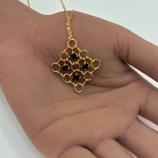 14K Yellow Gold 16" Rolo Necklace with Multiple circles Pendant & Synthetic Garnet | 16 Inches, 5.18 grams
