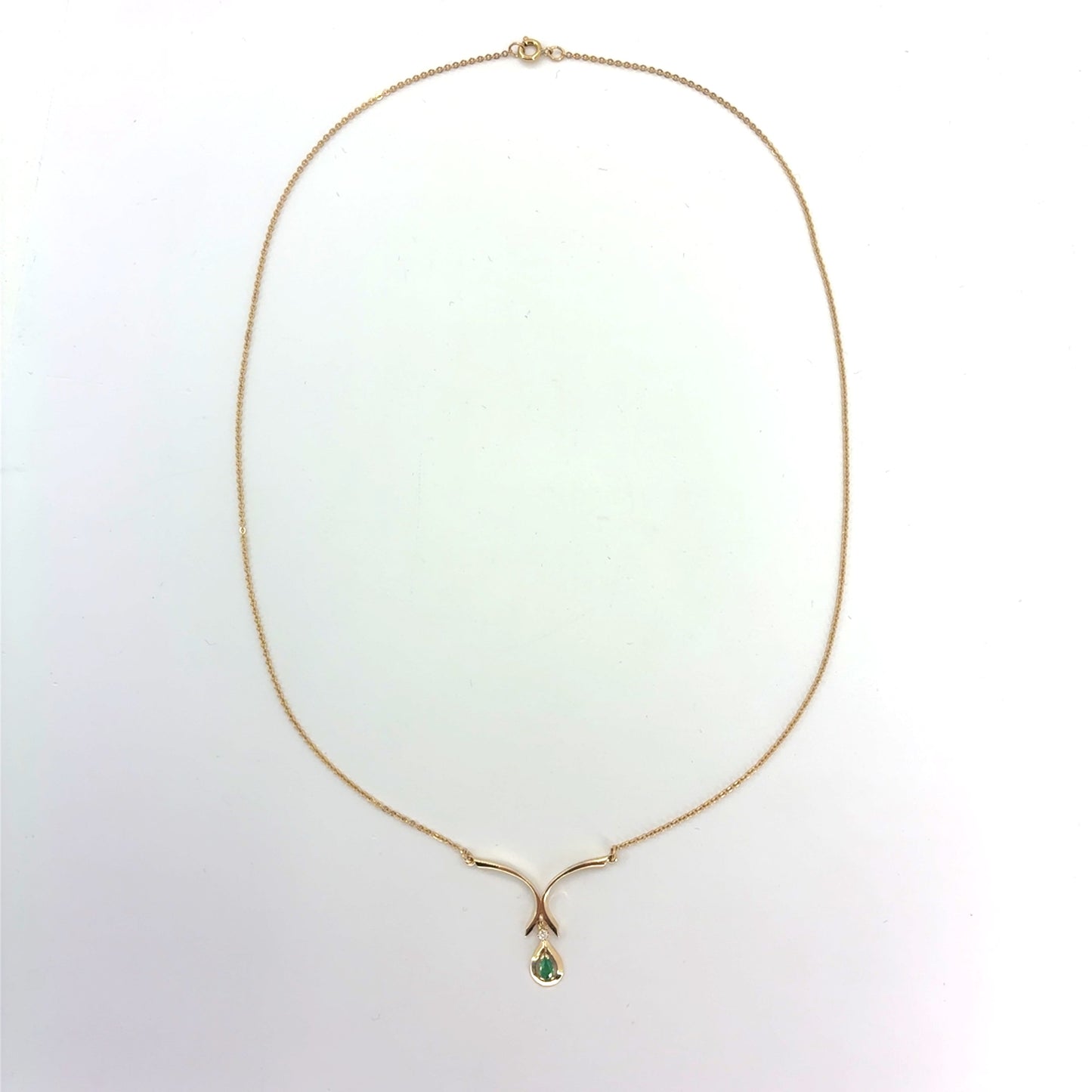 14K Yellow Gold V-Shape Pendant Necklace with Emerald & Diamond | 18 Inches, 3.07 grams