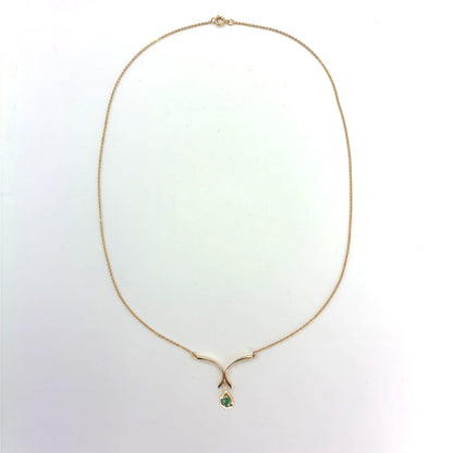 14K Yellow Gold V-Shape Pendant Necklace with Emerald & Diamond | 18 Inches, 3.07 grams