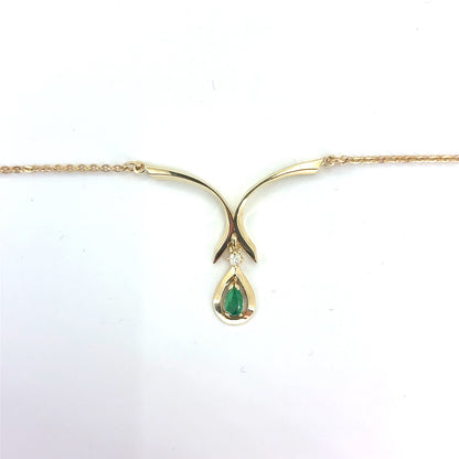 14K Yellow Gold V-Shape Pendant Necklace with Emerald & Diamond | 18 Inches, 3.07 grams