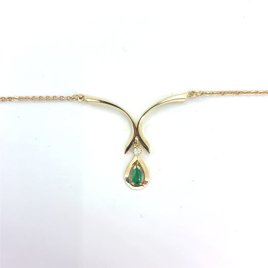 14K Yellow Gold V-Shape Pendant Necklace with Emerald & Diamond | 18 Inches, 3.07 grams