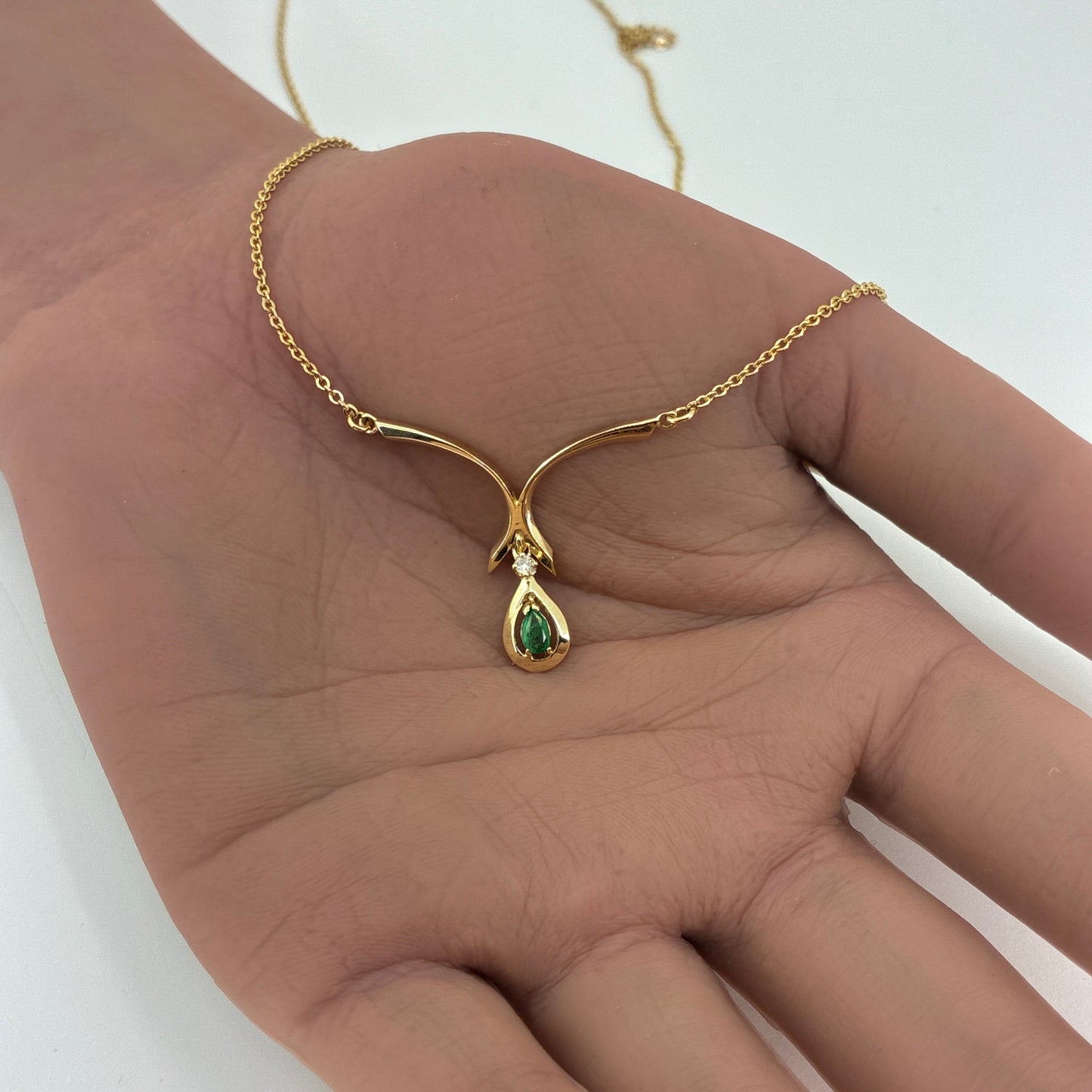 14K Yellow Gold V-Shape Pendant Necklace with Emerald & Diamond | 18 Inches, 3.07 grams