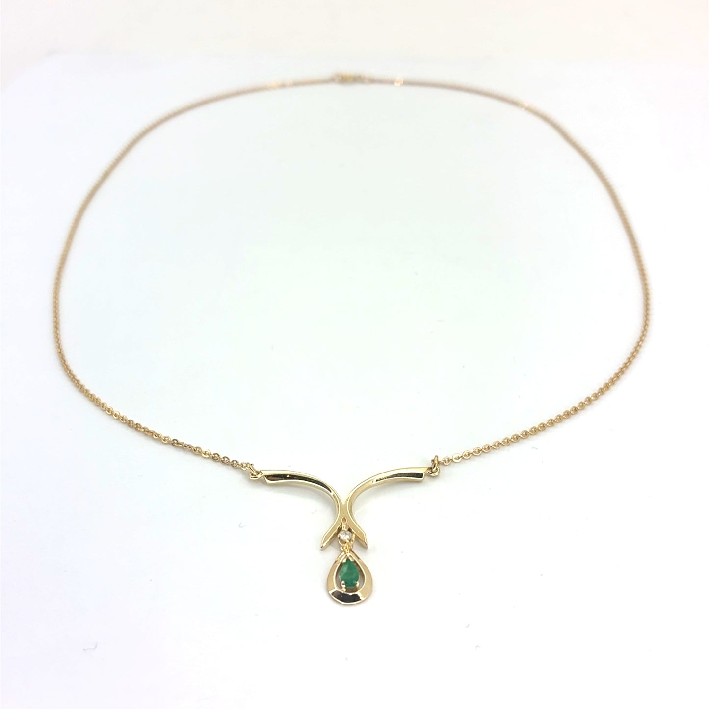 14K Yellow Gold V-Shape Pendant Necklace with Emerald & Diamond | 18 Inches, 3.07 grams
