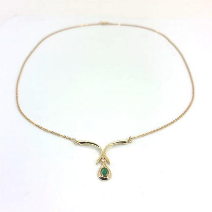 14K Yellow Gold V-Shape Pendant Necklace with Emerald & Diamond | 18 Inches, 3.07 grams