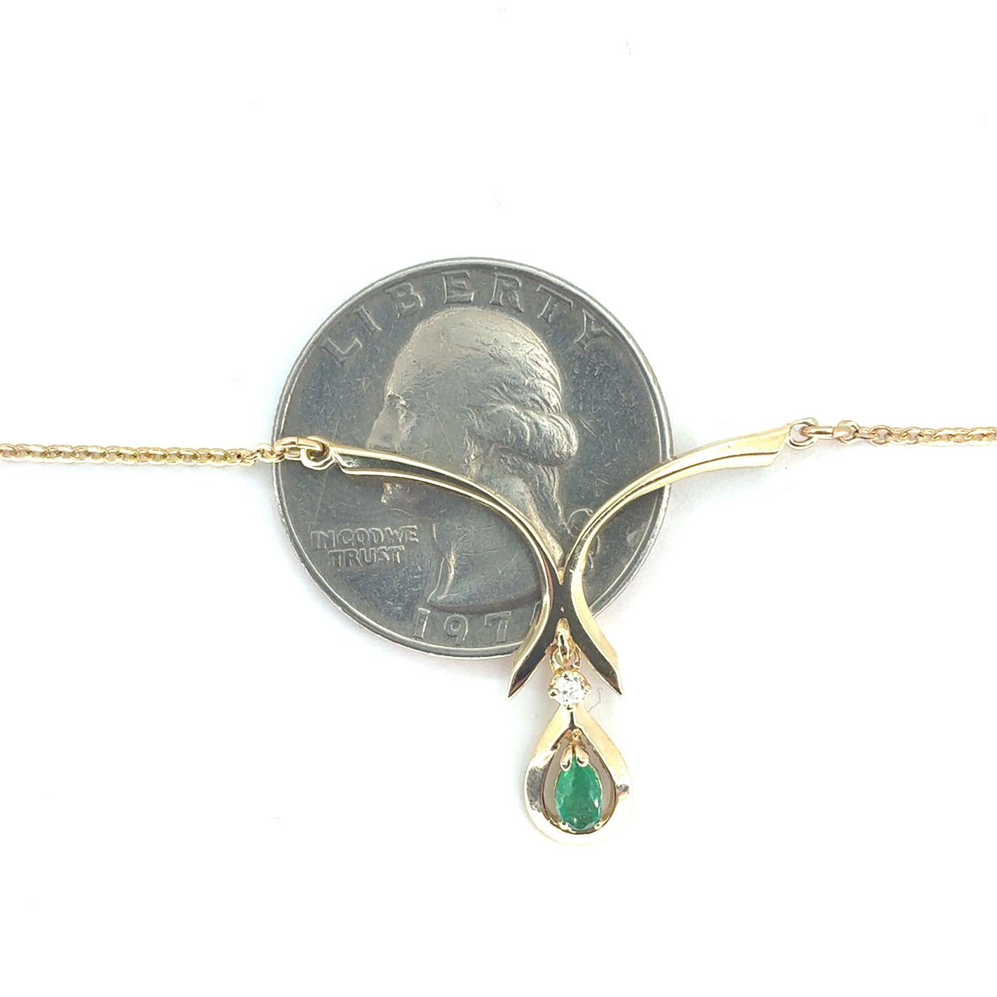 14K Yellow Gold V-Shape Pendant Necklace with Emerald & Diamond | 18 Inches, 3.07 grams