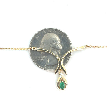 14K Yellow Gold V-Shape Pendant Necklace with Emerald & Diamond | 18 Inches, 3.07 grams