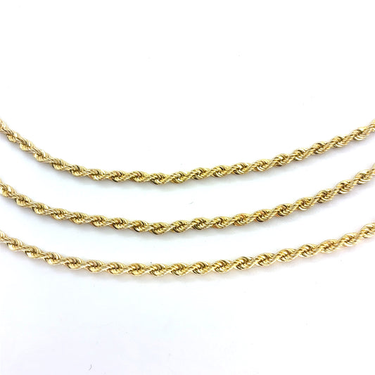 14K Yellow Gold Hollow Rope Necklace | 17, 18, 19 Inches Adjustable, 2mm, 7.95 grams