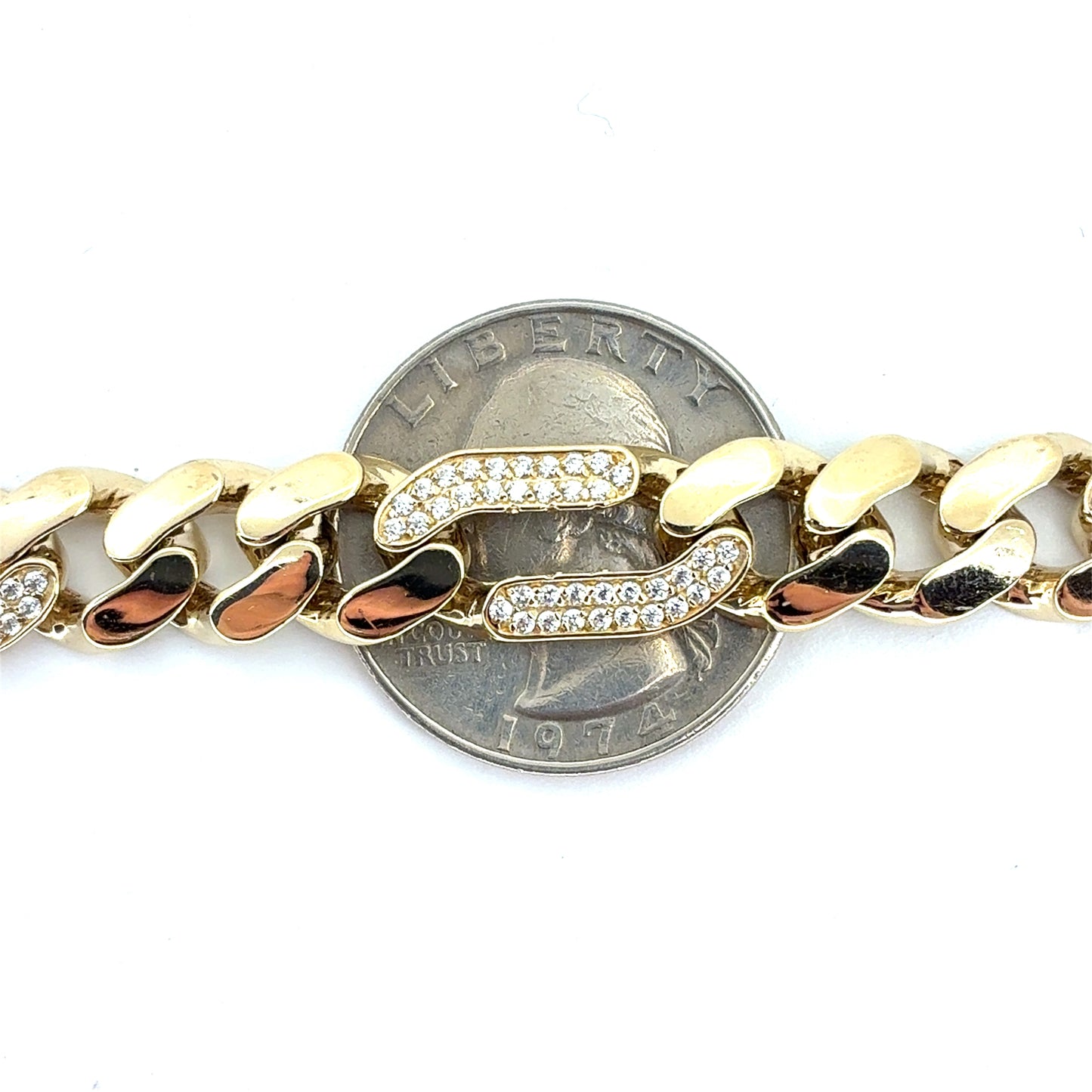 14K Yellow Gold Hollow CZ Figaro Bracelet | 7.75 Inches, 9.7mm, 16.98 grams