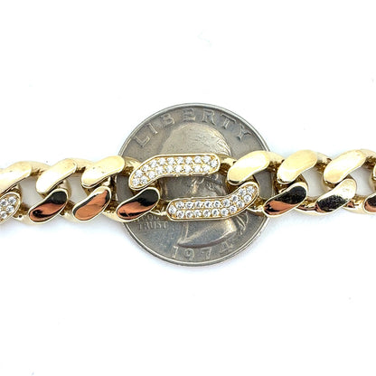 14K Yellow Gold Hollow CZ Figaro Bracelet | 7.75 Inches, 9.7mm, 16.98 grams
