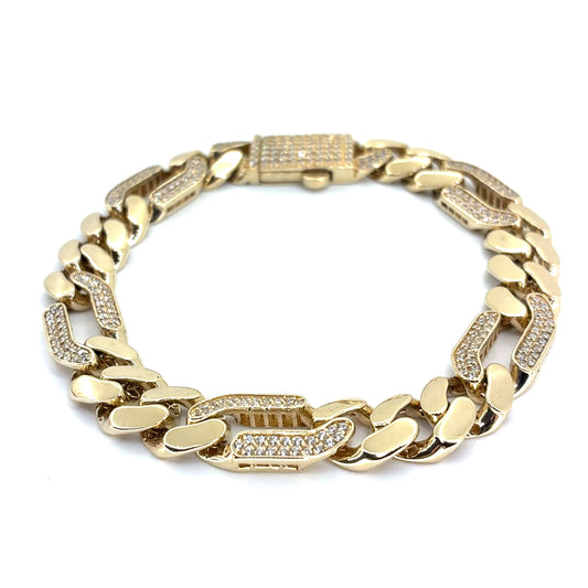 14K Yellow Gold Hollow CZ Figaro Bracelet | 7.75 Inches, 9.7mm, 16.98 grams