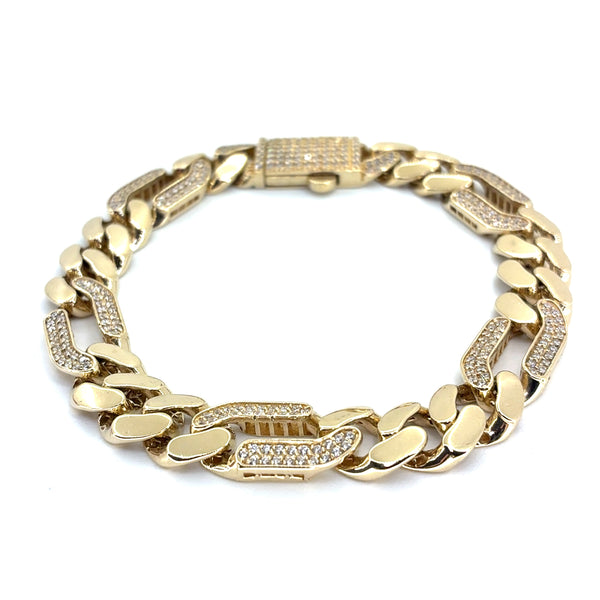 14K Yellow Gold Hollow CZ Figaro Bracelet | 7.75 Inches, 9.7mm, 16.98 grams