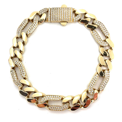 14K Yellow Gold Hollow CZ Figaro Bracelet | 7.75 Inches, 9.7mm, 16.98 grams