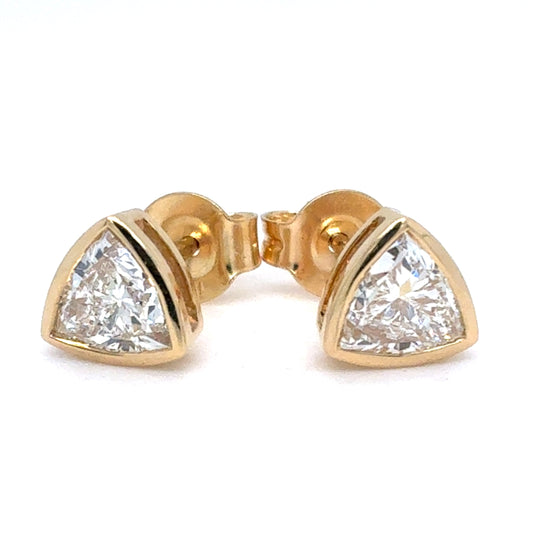14K Yellow Gold Trillion Cut Lab Diamond Bezel Set Triangle Stud Earrings | 1.1 TCW, E VVS
