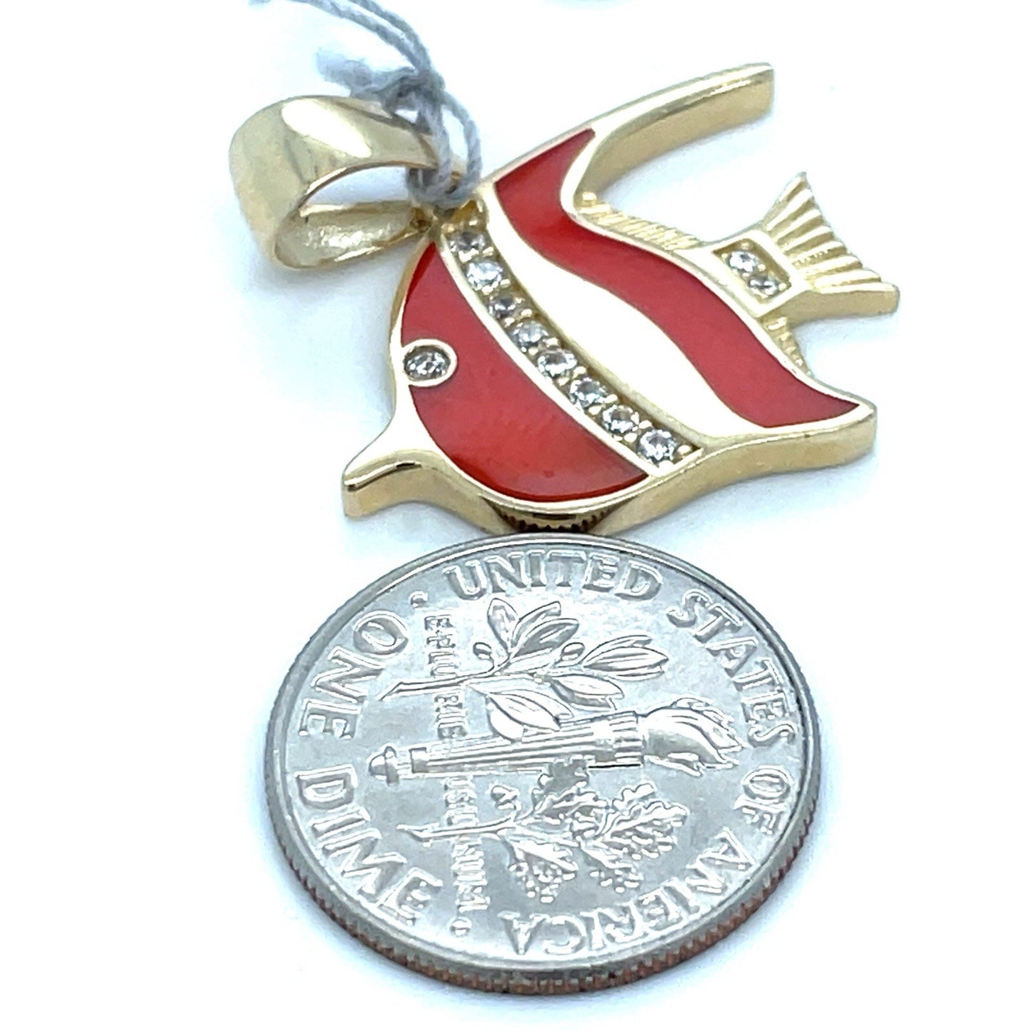 14k Yellow Gold CZ Red Enamel Fish Pendant 3.30g1