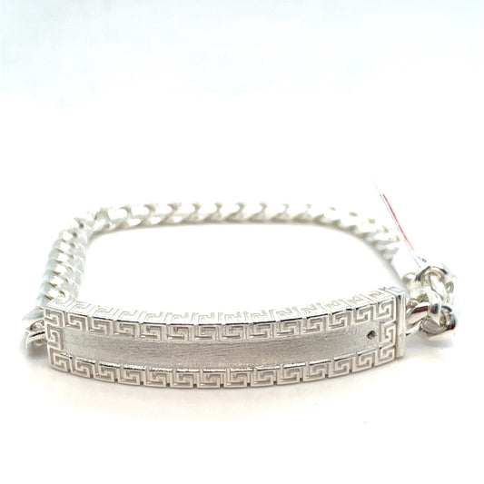 925 Sterling Silver 8.5” Satin Greek ID Cuban Bracelet 30.30g 10mm0