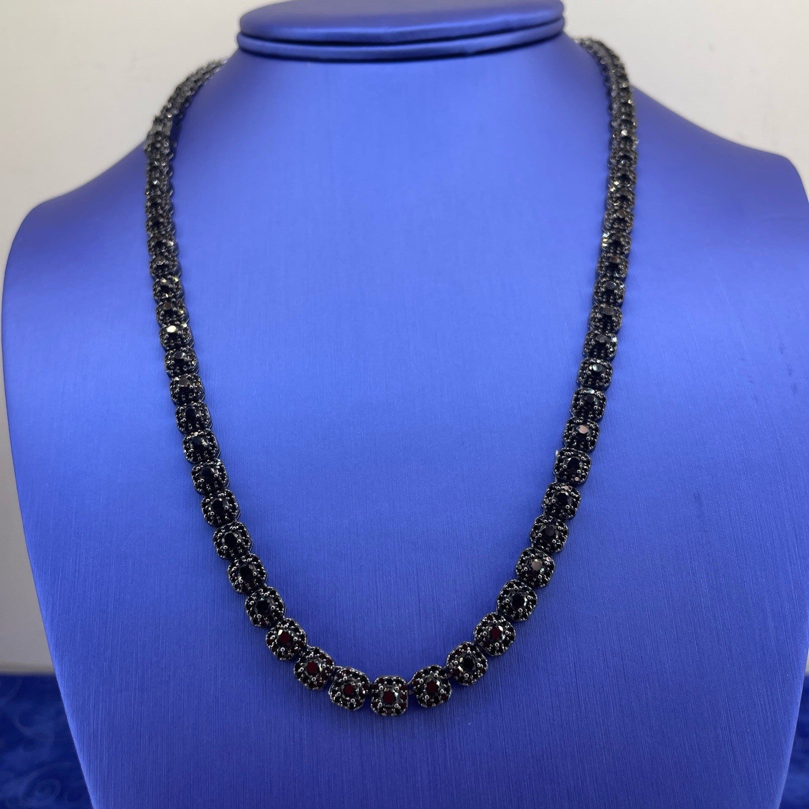 925 Sterling Silver 20” CZ Black Cluster Necklace 32.20g 6mm0