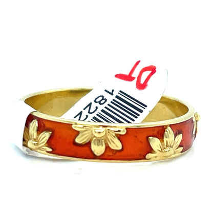 18kt Yellow Golf Red Enamel Flower Ring 3.80g Size 9.5” 0