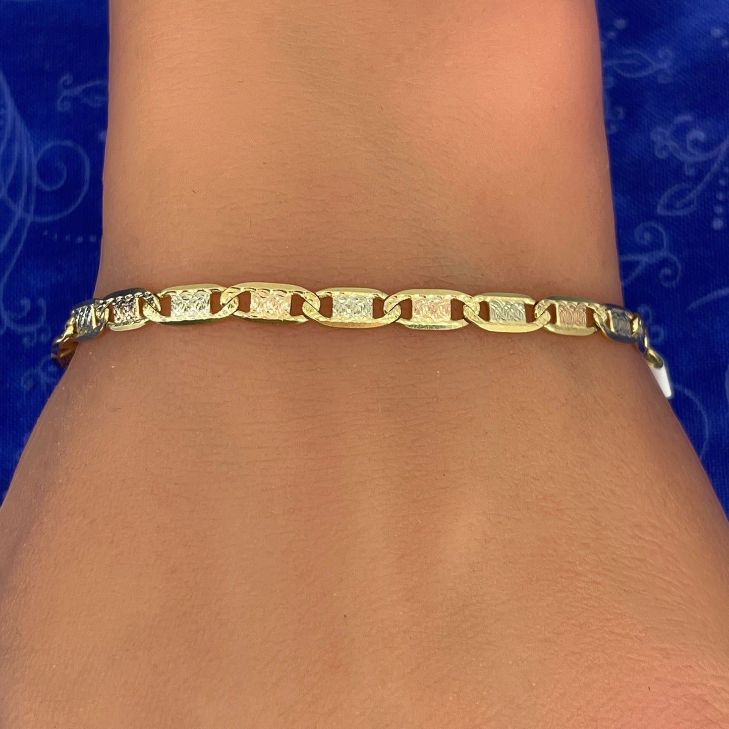 14k Tri Color Gold 7.5” Valentino Bracelet 6.00g 4mm 3