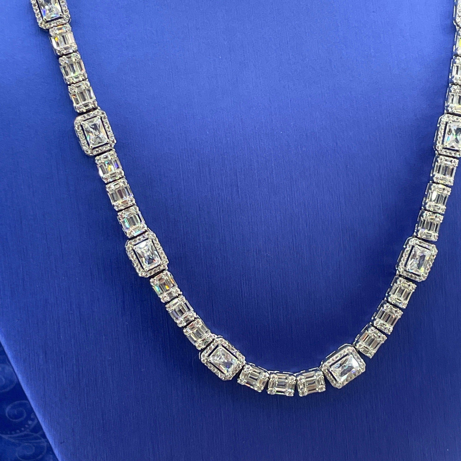 925 Sterling Silver CZ 20” Rectangle Cluster Necklace 43.54g 7.6mm2