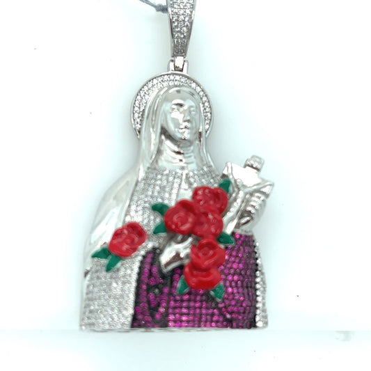 Silver Virgin Mary Pendant With Roses  + Crucifix With Colored CZs 2.5” Tall 30g0