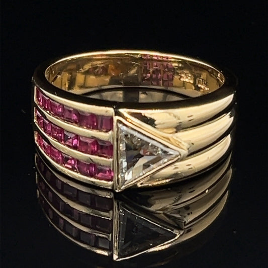 18 karat yellow gold diamond and ruby ring, size 70