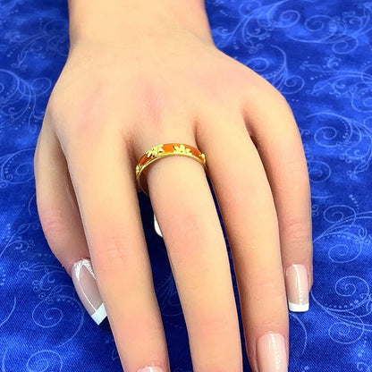 18kt Yellow Golf Red Enamel Flower Ring 3.80g Size 9.5” 2