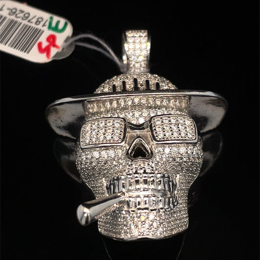 925 Sterling Silver Men’s CZ Cowboy Skull Pendant 20.40g0