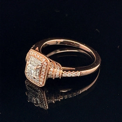 10k Rose Gold Princess And Round Diamond Halo Style Engagement Ring .40ctw Size61