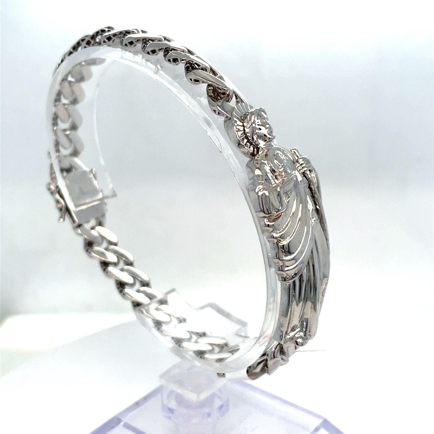 925 Sterling Silver 8” San Judas Cuban Link Style Bracelet 20.20g 8.8mm 1