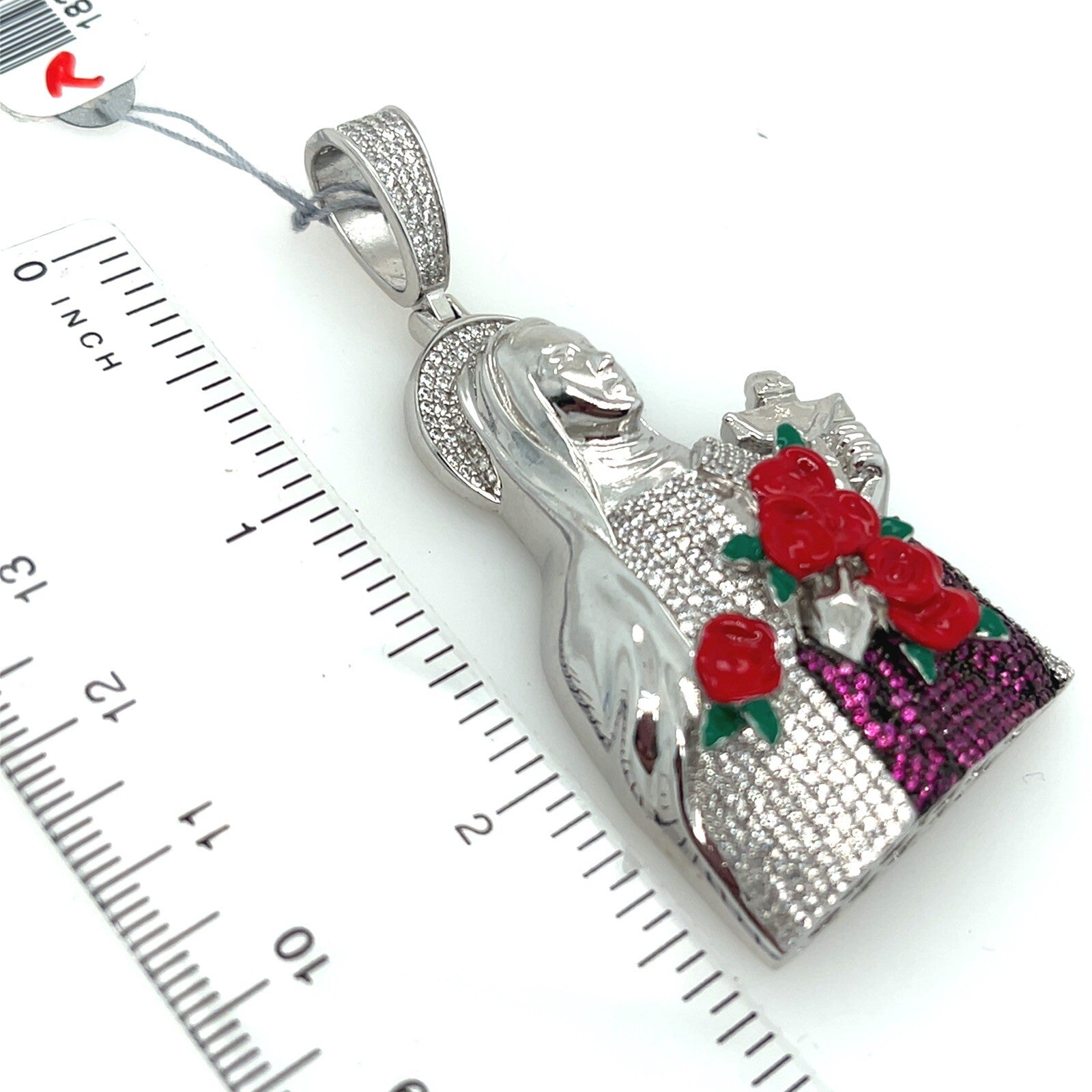 Silver Virgin Mary Pendant With Roses  + Crucifix With Colored CZs 2.5” Tall 30g4