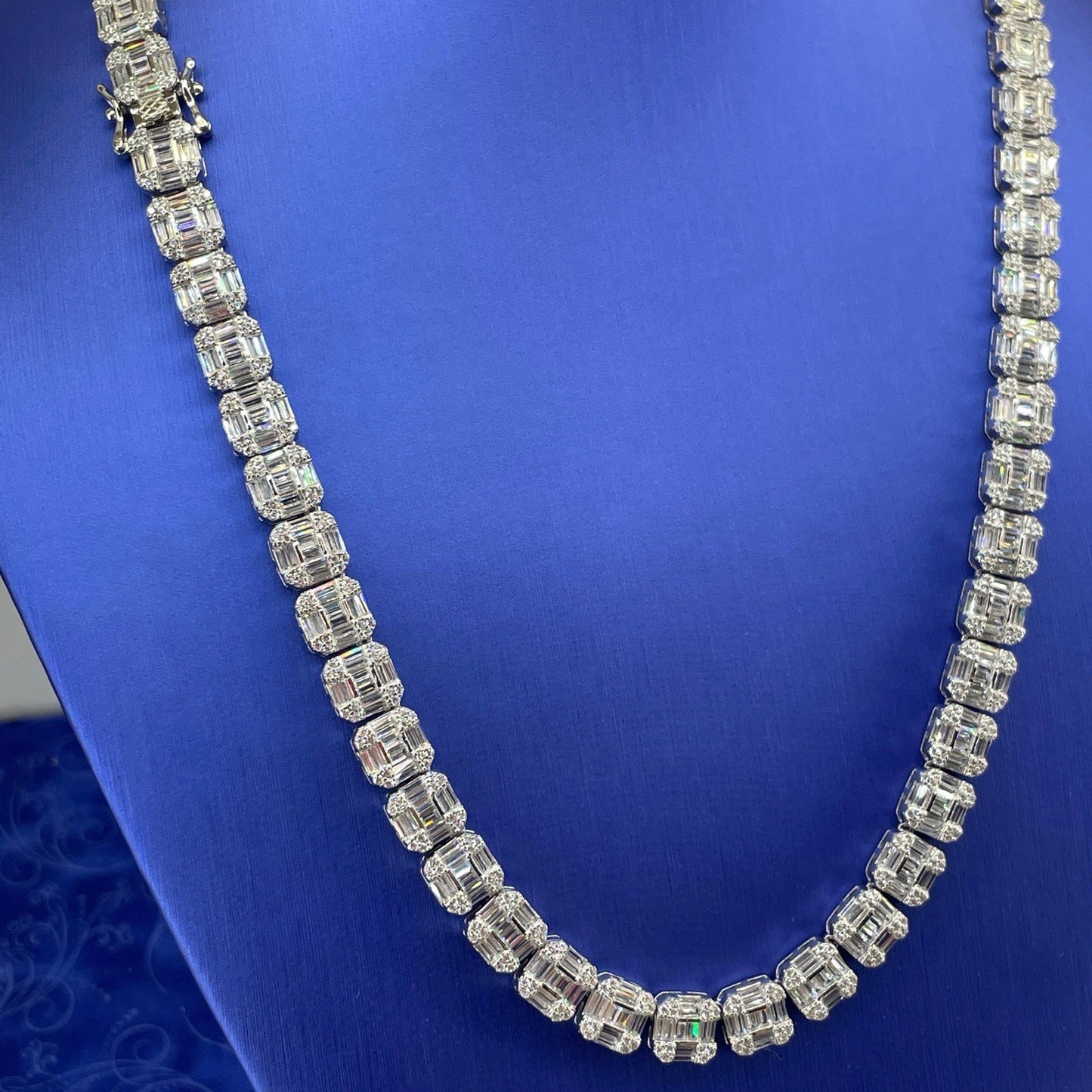 925 Sterling Silver CZ 20” Square Cluster Necklace 52.30g 2