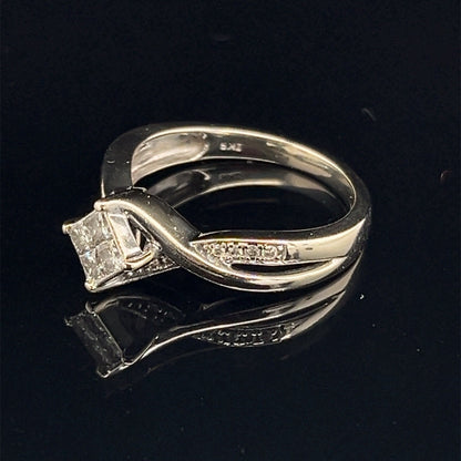10k white gold princess and round diamond bypass style ring .30 CTW size 71